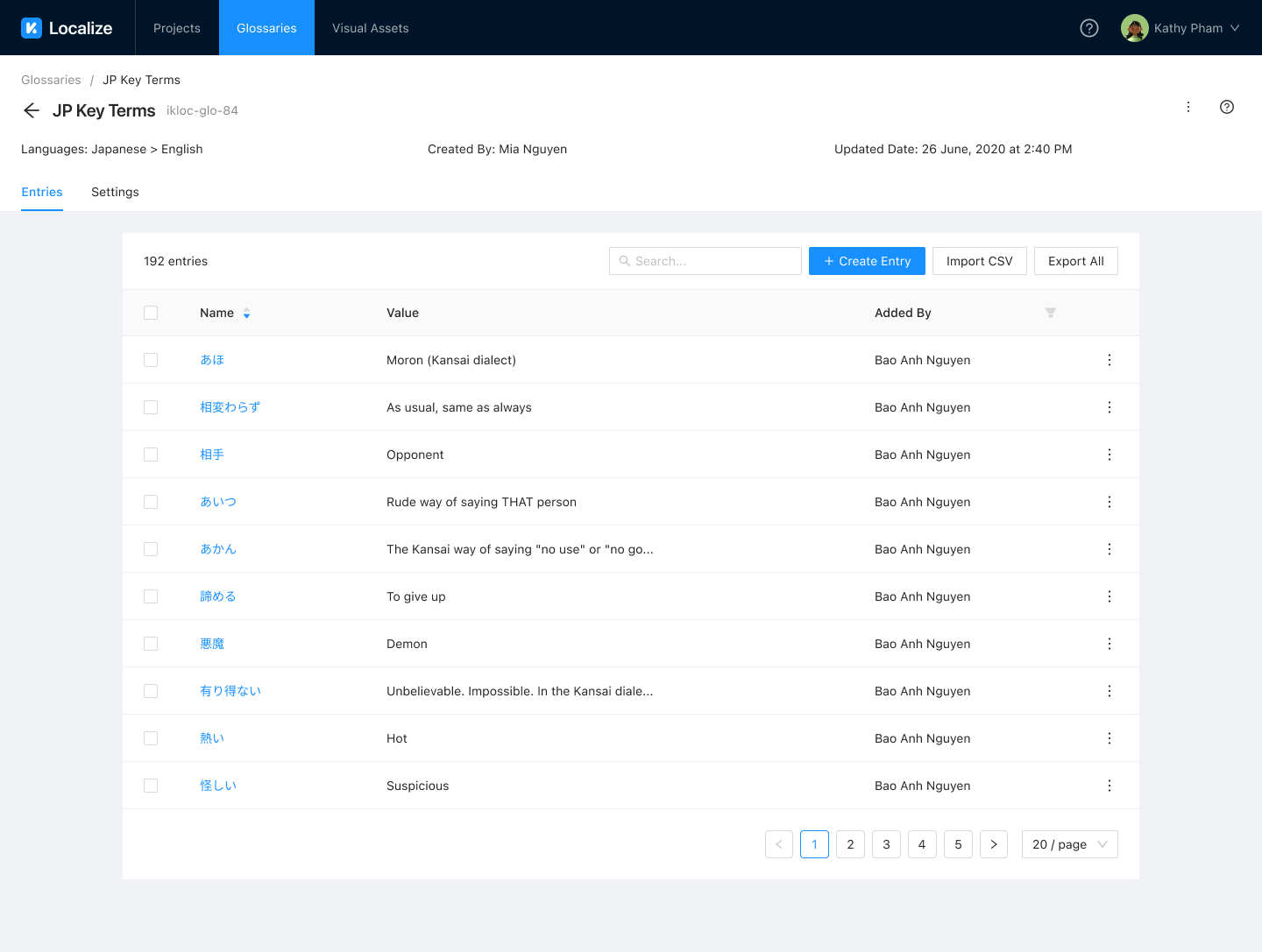 Glossary Detail - Entries